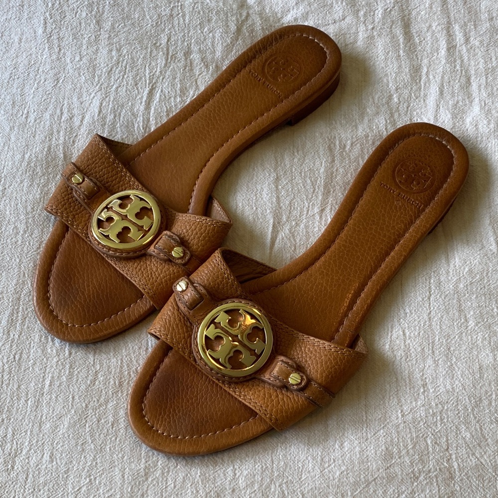 Tory Burch Tan Leather Slide Sandals